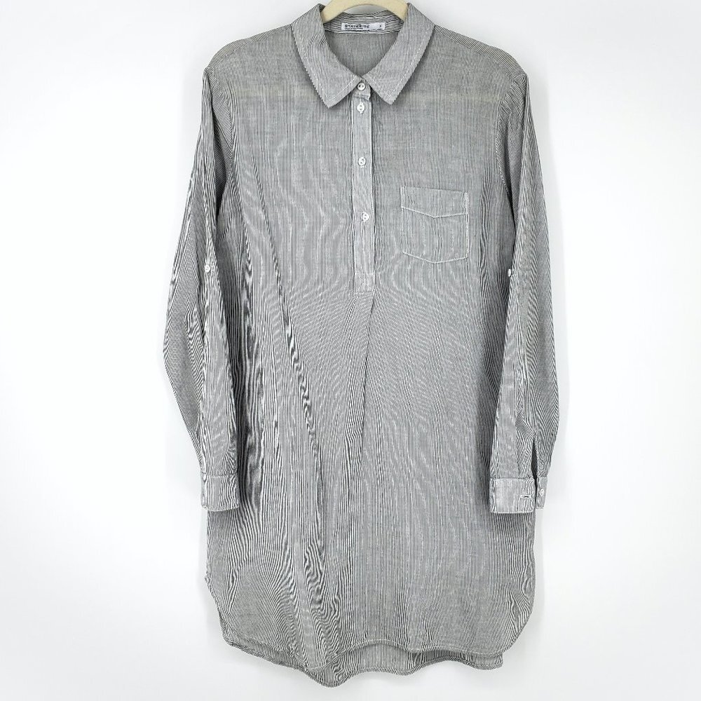 Stateside Striped Cotton Popover Shirt Dress Grey/White Small - Picture 1 of 9